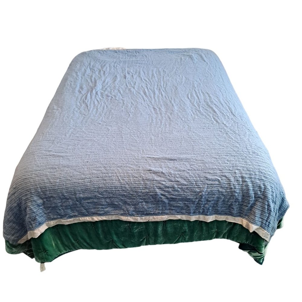 Vintage Blanket Satin Trim Blue Soft Large 65" x 42" Waffle Knit Mid Century Mod
